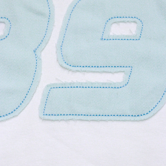 White Blue L S Denim Applique T Shirts White