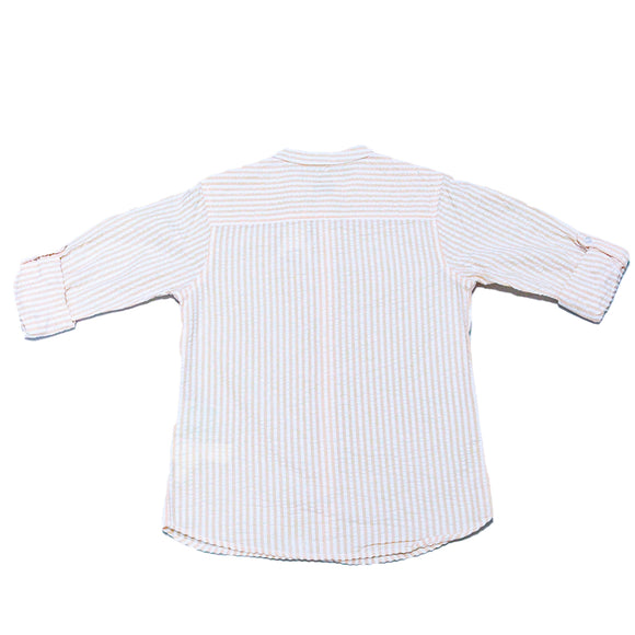 Coral Stripe Mandarin Collar Seersucker Shirt
