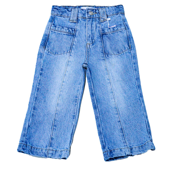Mid Wash Blue Wide Leg Paneled Denim Jeans