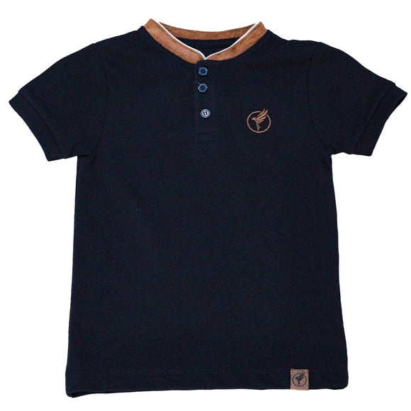 Black Suede Mandarin Collar Short Sleeve Polo