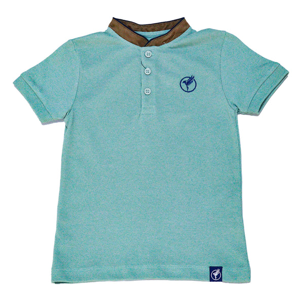 Green Suede Mandarin Collar Short Sleeve Polo