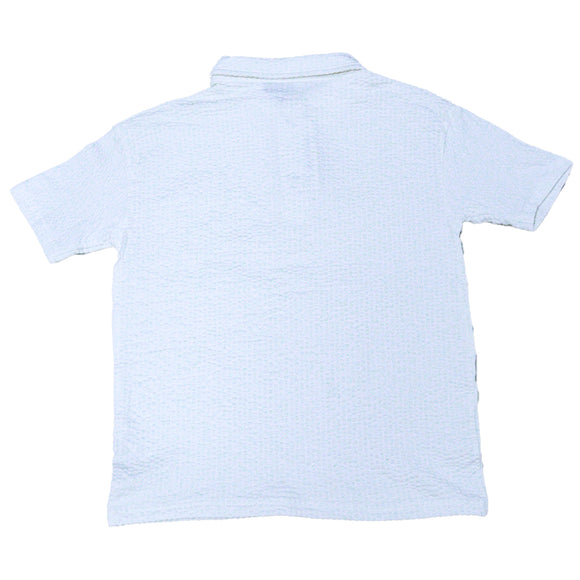 White Seersucker Stripe Mandarin Polo