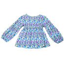Blue Aop Crew Neck Jacquard Blouse With Frill Details-3