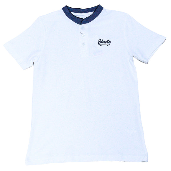 White Chambray Mandarin Collar Polo White