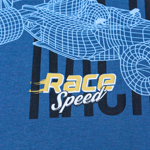 Dark Blue Racing Printed Short Sleeve T Shirt