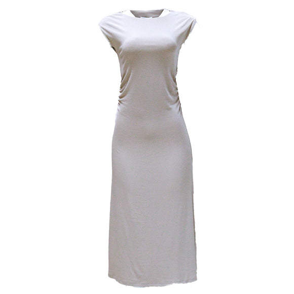 BEIGE ROUCHED DETAIL COLUMN DRESS