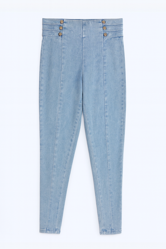 Blue High Waist Button Jeggings