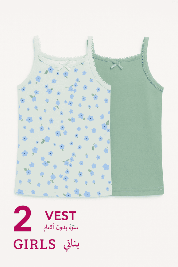 2 Pc Pk Junior Girls One Solid One Printed Sleeveless Vest Pack Assorted Nawao.com