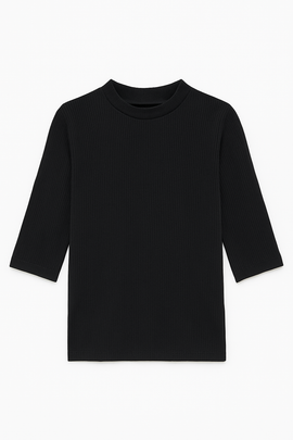 Black Rib Crew Neck T Shirt - 0