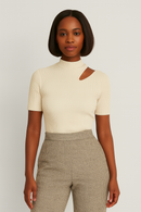 Cream High Neck Cutout Detailed T Shirt Cream-1