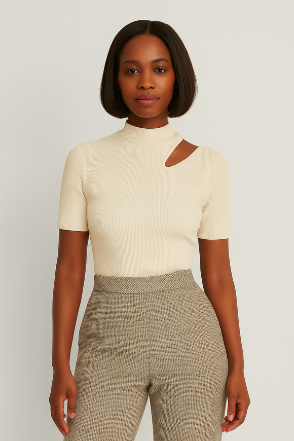 Cream High Neck Cutout Detailed T Shirt Cream