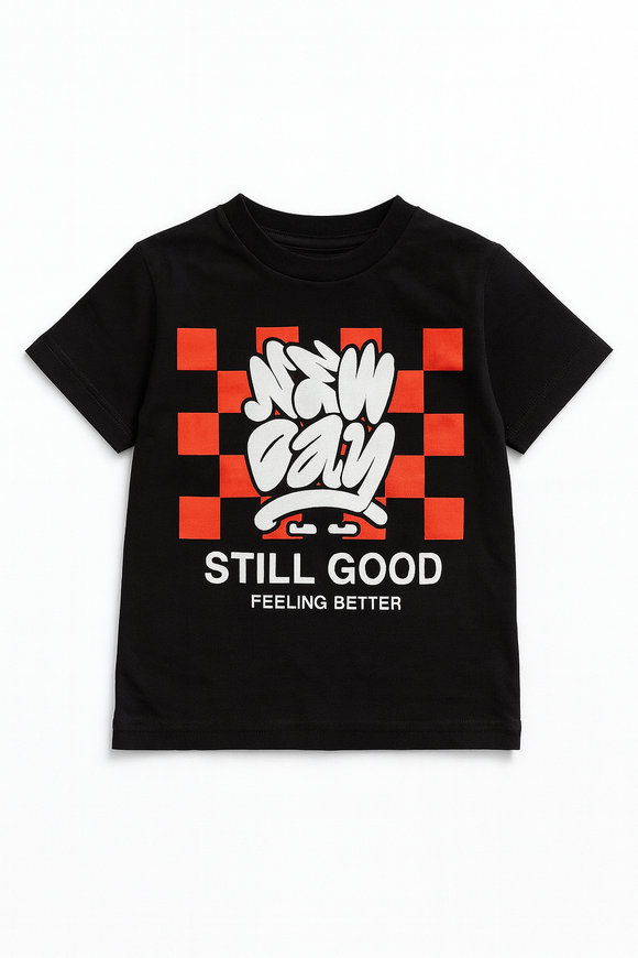 Black New Day Printed Short Sleeve T Shirt