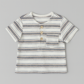 White Grey And Black Striped Henley Pique Tshirt - 0