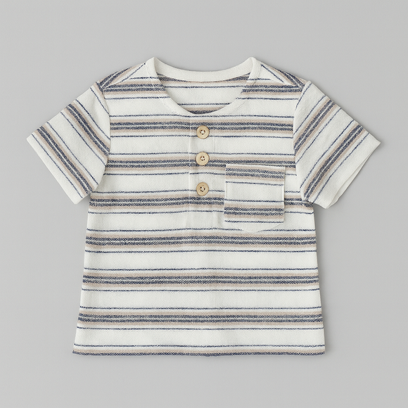 White Grey And Black Striped Henley Pique Tshirt