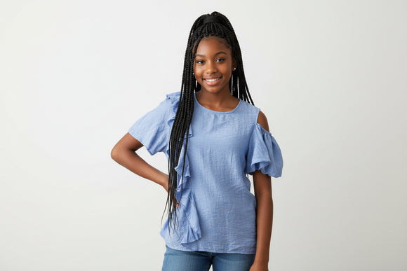 Denim Blue Ruffled Front Blouse Pale Blue