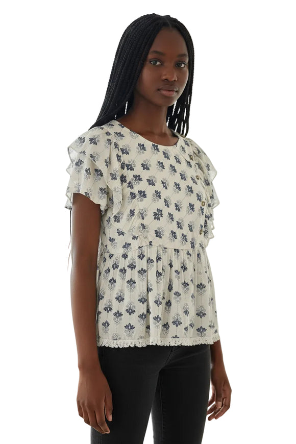White Blue Floral Ruffled Front  Blouse Assorted