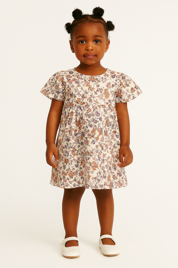 Off White Floral Aop Frill Sleeve Woven Dress White