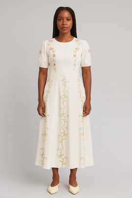 Ivory Embroidered Printed  Short Sleevesdress