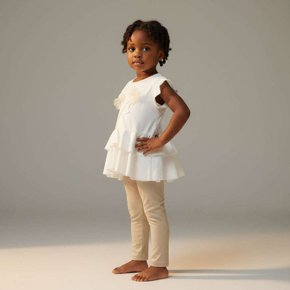 3D Floral Ruffle Tee With Glittered Leggings Gold Nawao.com