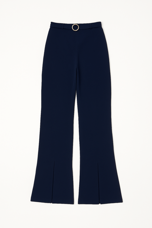 Navy Buckle Detailed Belted Trousers