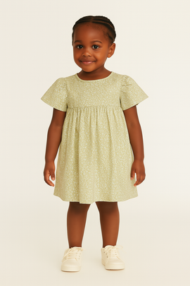 Green Floral Aop Frill Sleeve Woven Dress Green