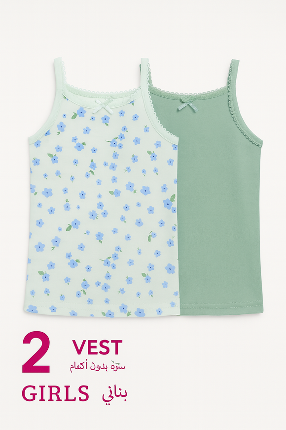 2 Pc Pk Junior Girls One Solid One Printed Sleeveless Vest Pack Assorted