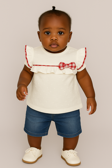 White Dobby Knit Blouse With Bow White