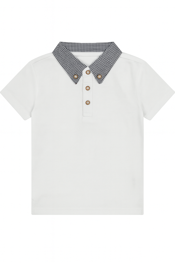 Junior Boys White Polo With Check Collar
