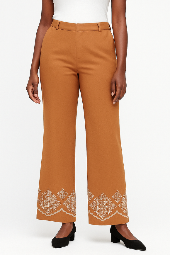 SANDSTONE EMBROIDERED WODE LEG TROUSERS