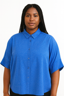 BLUE SHORT CUFF SLEEVE FRONT BUTTON DETAIL BLOUSE-1