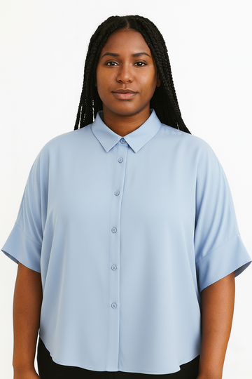 BLUE SHORT CUFF SLEEVE FRONT BUTTON DETAIL BLOUSE