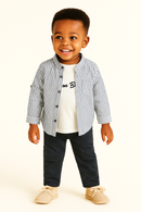 Navy Seersucker Stripe Long Sleeve Mandarin Collar Shirt With T Shirt Navy-1