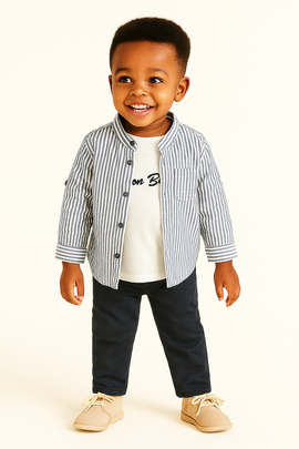 Navy Seersucker Stripe Long Sleeve Mandarin Collar Shirt With T Shirt Navy