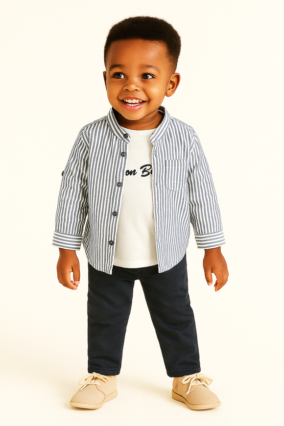 Navy Seersucker Stripe Long Sleeve Mandarin Collar Shirt With T Shirt Navy