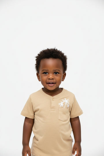 Beige Leave Novelty Henley Short Tshirt Beige