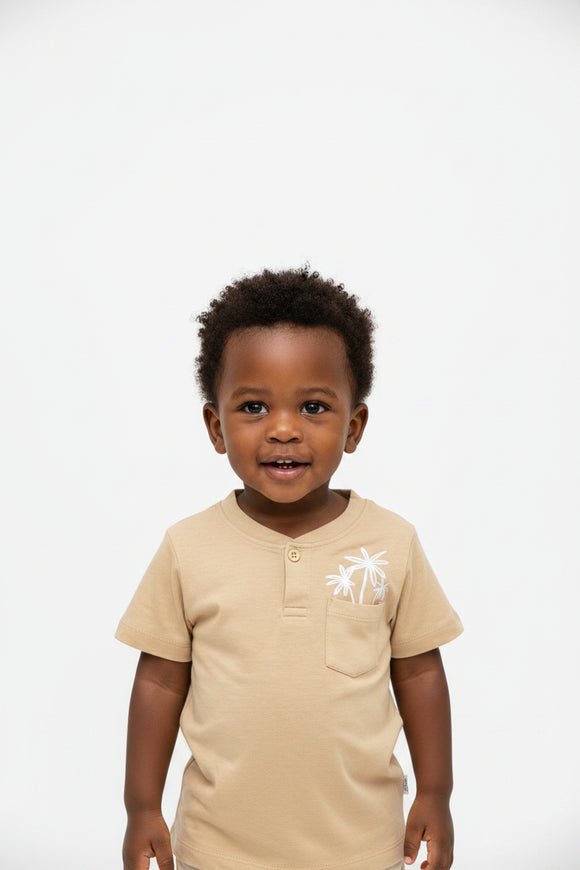 Beige Leave Novelty Henley Short Tshirt Beige