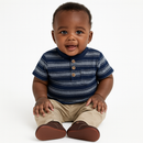 Black And Grey Striped Henley Pique Tshirt-1