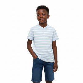 Sky Blue White Mandarin Collar Stripe Polo Sky Blue