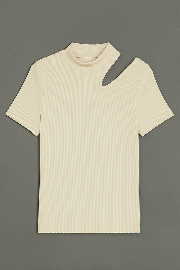 Cream High Neck Cutout Detailed T Shirt Cream