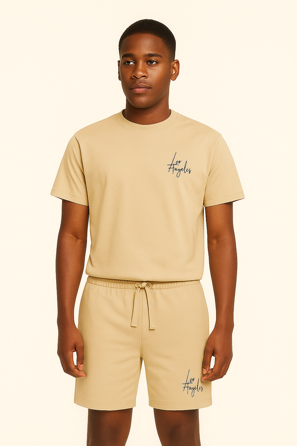 T Shirt And Pyjama Shorts Set Beige