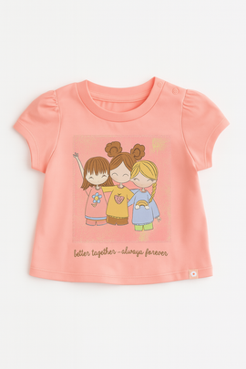 Coral Girl Placement Print Puff Sleeves Orange - 0