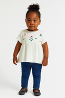 Embroidered Short Slv Knit Woven Top-1