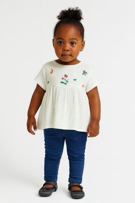 Embroidered Short Slv Knit Woven Top