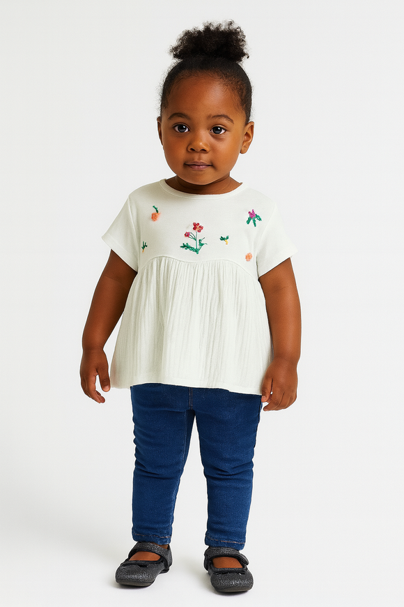 Embroidered Short Slv Knit Woven Top