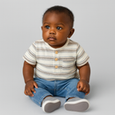 White Grey And Black Striped Henley Pique Tshirt-1