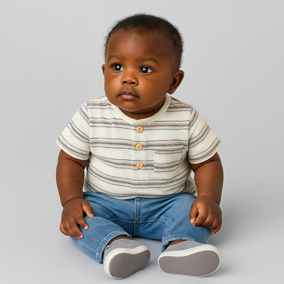 White Grey And Black Striped Henley Pique Tshirt