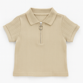Beige Multi Rib Half Zipper Polo