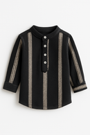 Black Dobby Long Sleeve Mandarin Collar Shirt-2