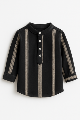 Black Dobby Long Sleeve Mandarin Collar Shirt - 0