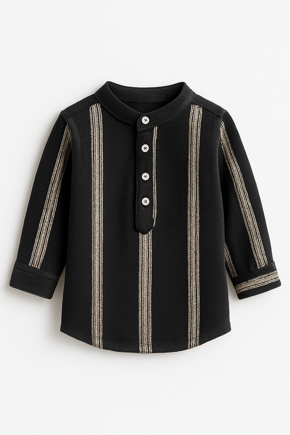 Black Dobby Long Sleeve Mandarin Collar Shirt